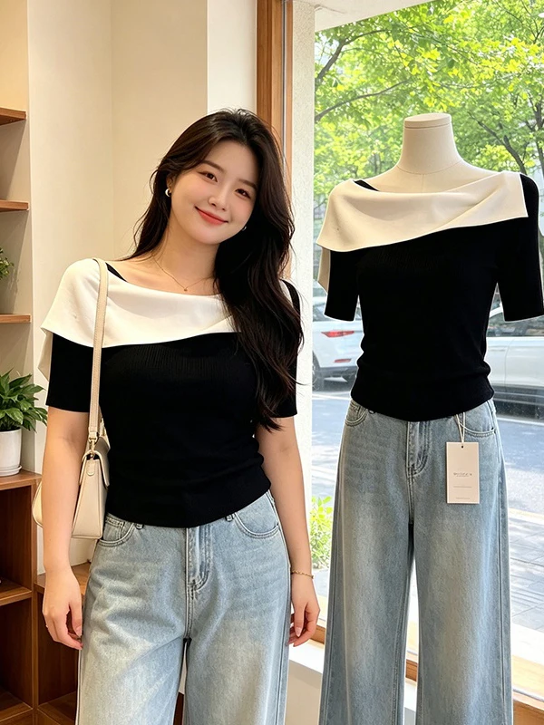 plus Size Korean Style Splice Color Block One Shoulder Short Sleeve Slimming T-Shirt Women's Summer New Fashion Versatile Top