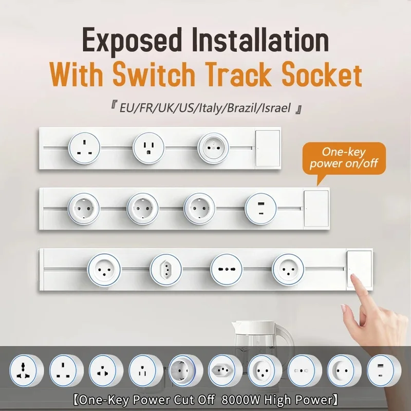 White Home Movable Power Track Socket One Key Power Off Switch Kitchen Surface Wall Mounted Sliding Rail Outlet For EU FR UK US