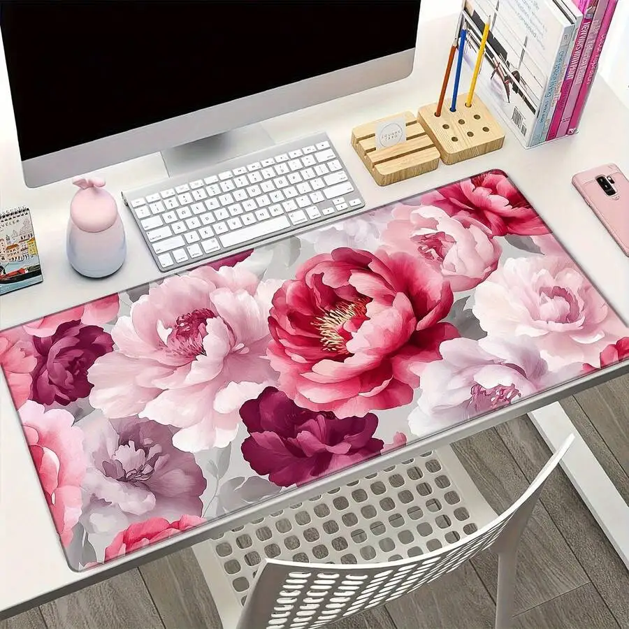 Floral Gaming Mouse Pad Washable Non-Slip Rubber Base Rectangular Desk Mat Pink Purple Pattern