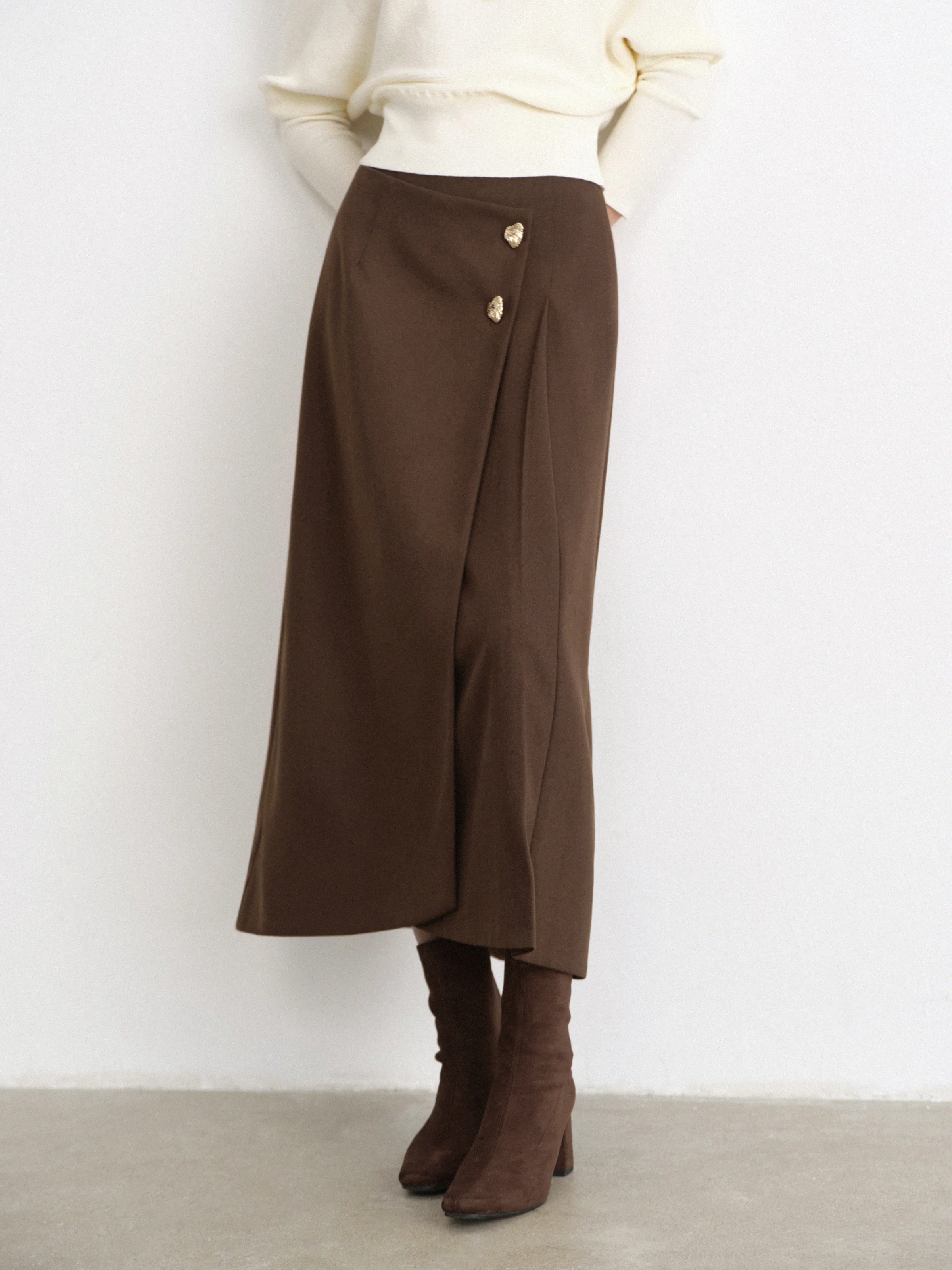 Chic Wool-Like A-Line Midi Skirt for Women Lady High-Waist Slim Fit Vintage Metal Button Skirt Elegant Autumn Winter Styling
