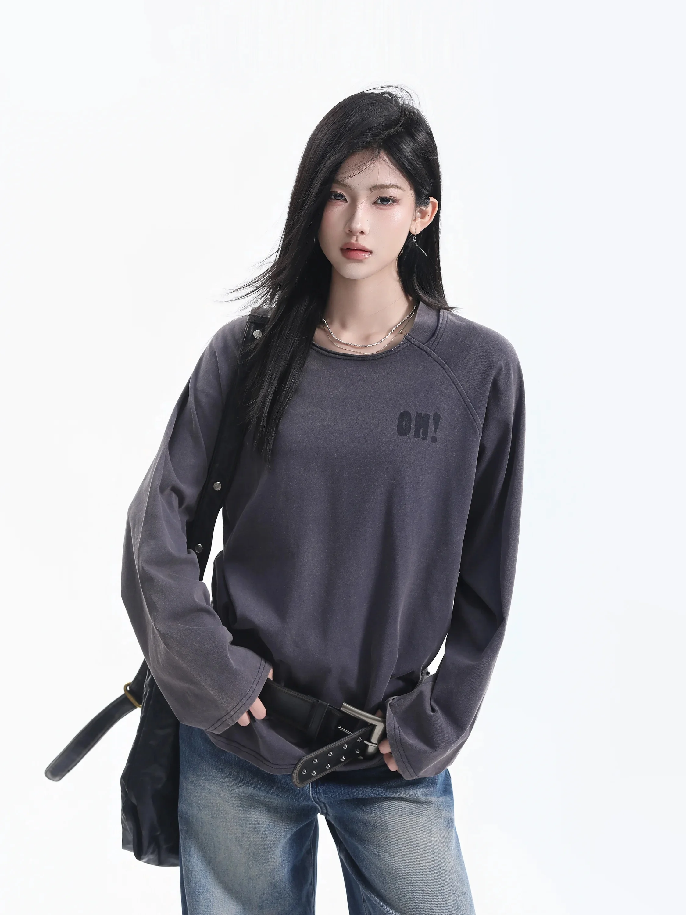 Retro American Long Sleeve T-Shirt Women Worn out Digital Print Loose Casual Couples Match Base Shirt Cotton Polyester Blend