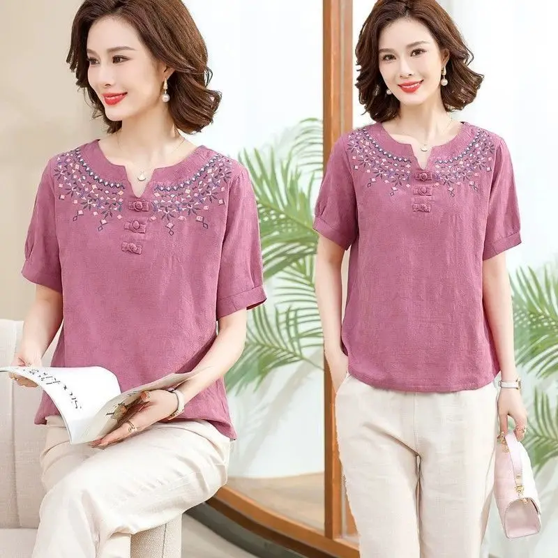 Elegant Fashion Harajuku Slim Fit Female Clothes Loose Casual All Match Tops Women Solid Button Cotton Linen Short Sleeve Tees