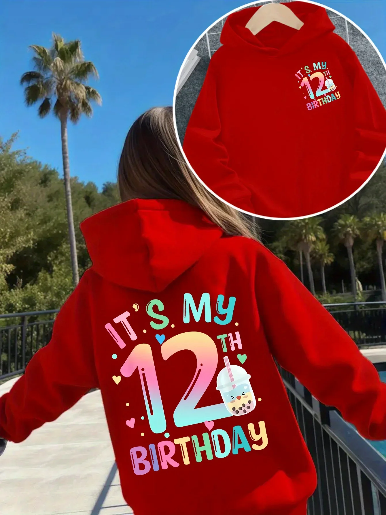 Autumn and winter children's fashionable casual sports hooded sweatshirt with printed pullover before and after 12th birthday