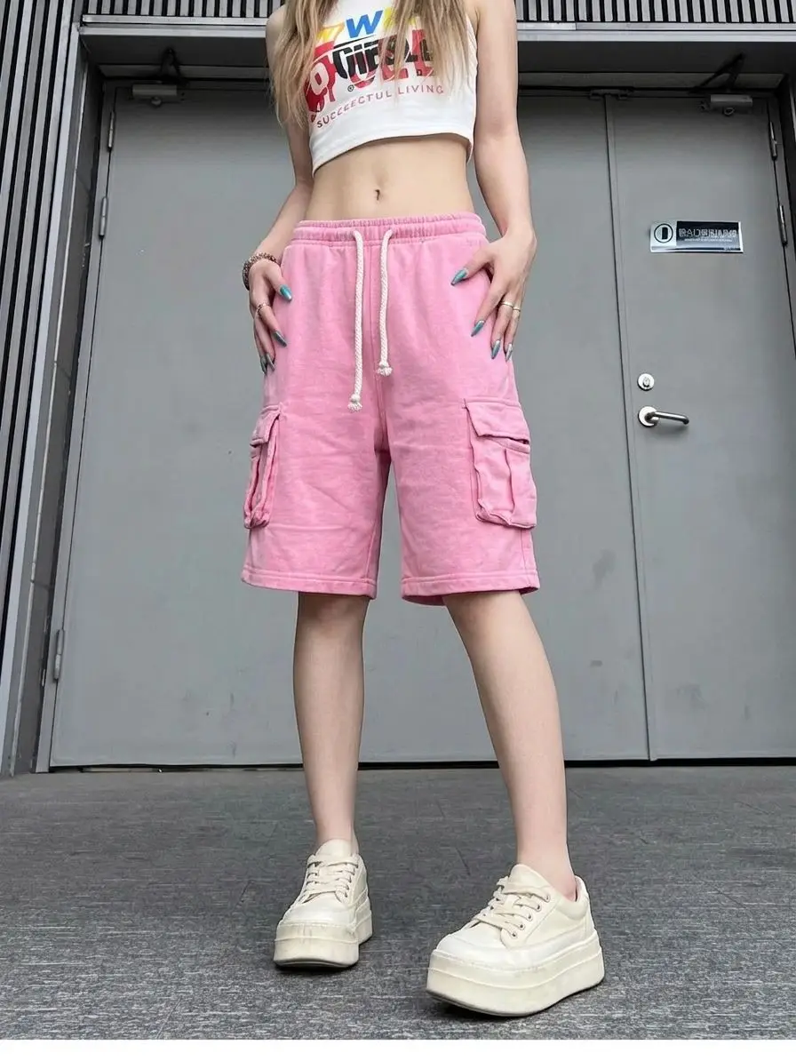 Pink Multi-pocket Cargo Shorts Washed American Loose Overalls High Street Casual Straight Five-point Pants