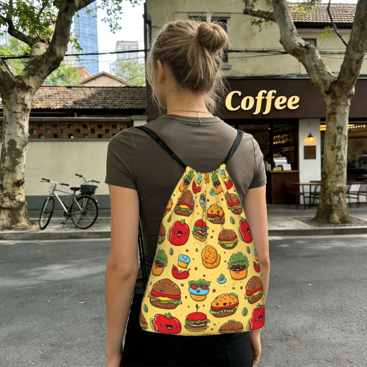 Cute Hamburger Food Pattern Backpacks Fashion Drawstring Bundle Pocket Storage Bag Book Bags for Man Woman School