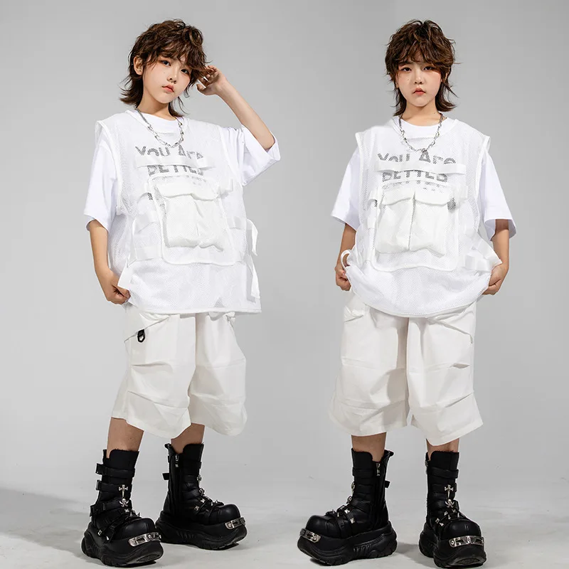 

Kid Kpop Hip Hop Clothing White Net Sleeveless Jacket Vest Casual Parachute Cargo Shorts for Girl Boy Jazz Dance Costume Clothes