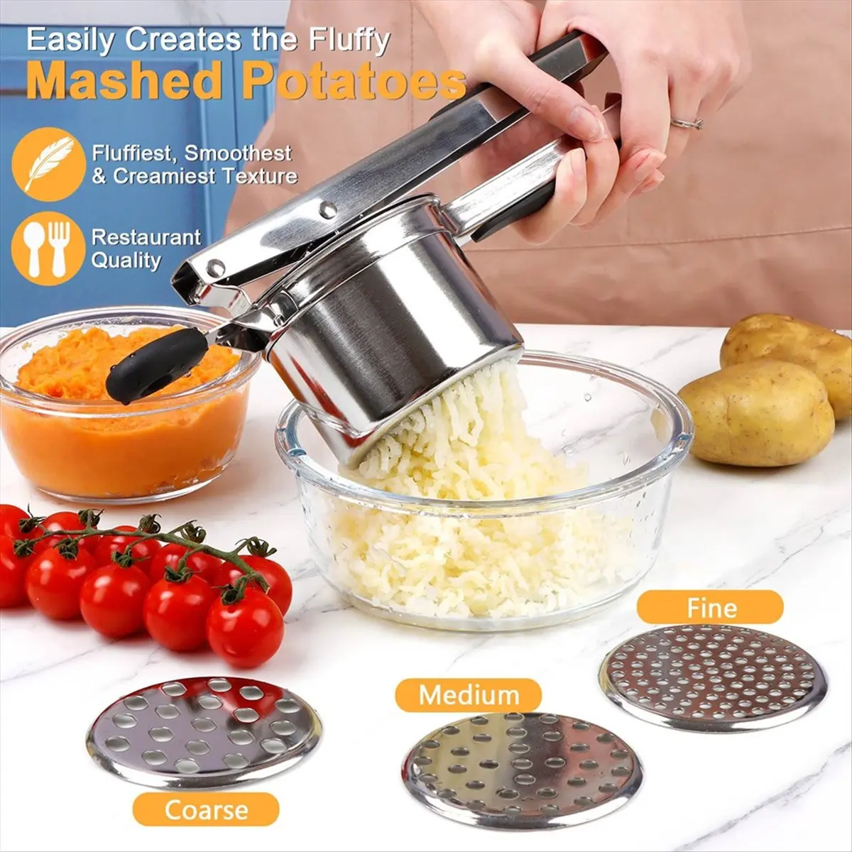 A67T NEW Potato Ricer with 4 Discs, Heavy Duty Stainless Steel Potato Masher and Ricer for Mashed Potatoes Tool, Lemon Squeezer