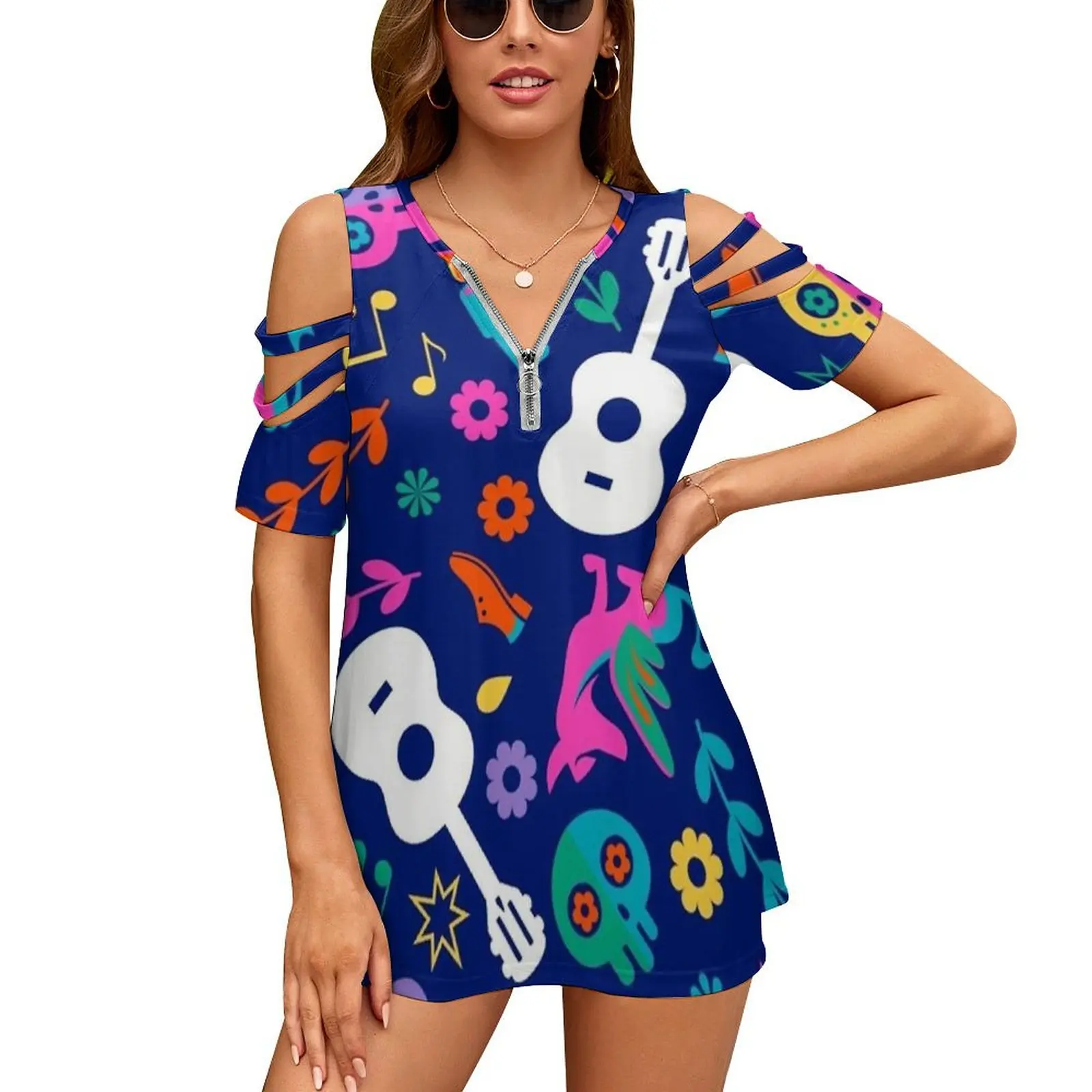 Mi Familia Women's T-Shirt Summer Fashion Print Floral V-Neck Zipper Tshirt Hollow Pullover Ladies Top Day Of The Dead Mexico
