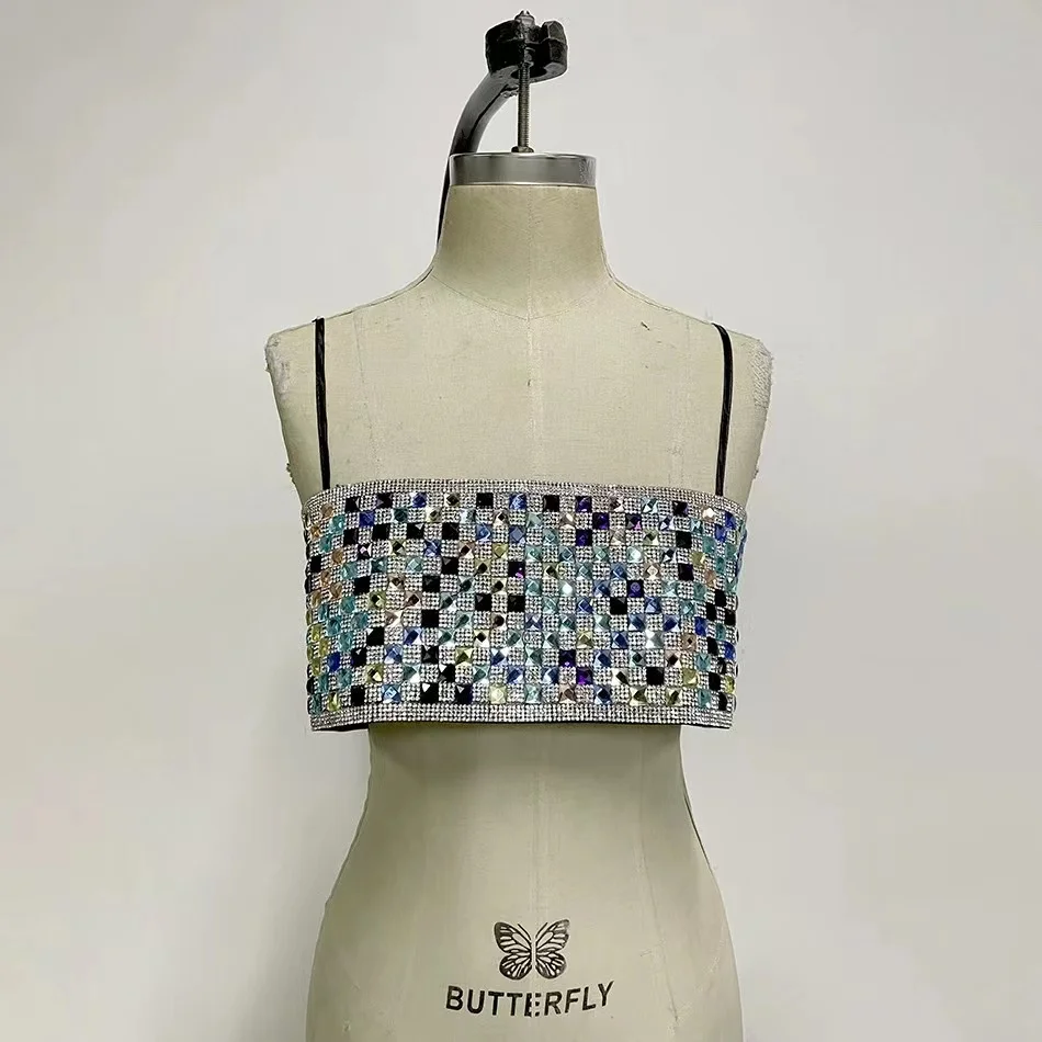 

SJ Fashion Luxurious Square Glass Rhinestone Colorful Crystal Applique Halter Top