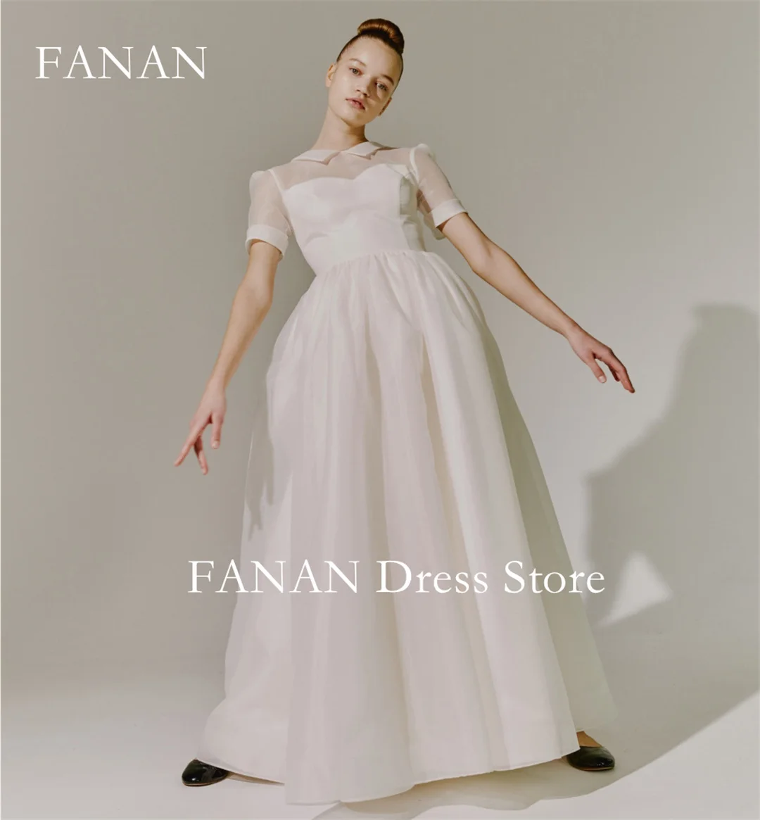 Fanan Korea High Neck Ivory Wedding Dresses  웨딩드레스 Organza Short Sleeves Customized Ruched Photoshoot Bride Gowns Plus Size