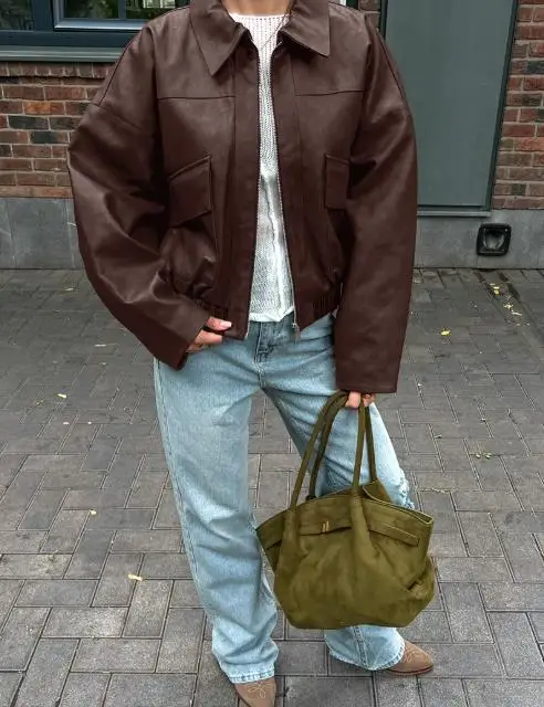 

Women's 2025 New Product Spring and Autumn Coat Pilot Jacket Retro Money Style Leather Jacket