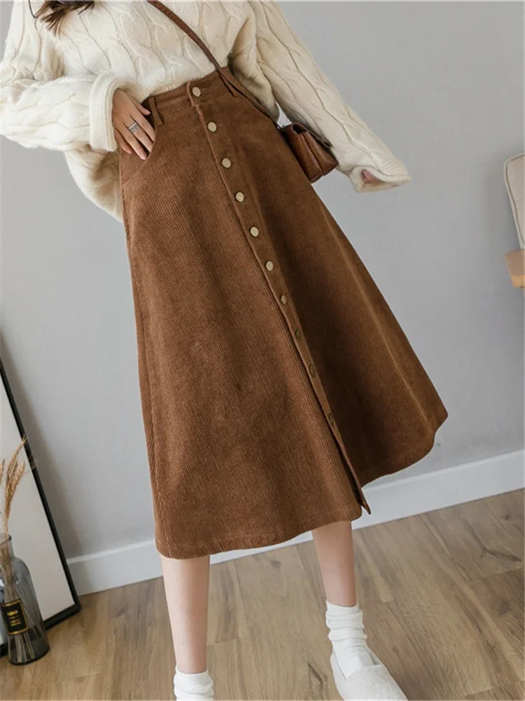 REALEFT Autumn Winter Corduroy Women A-Line Skirts 2023 New High Waist Solid Elegant Single Breasted Umbrella Midi Skirts Female