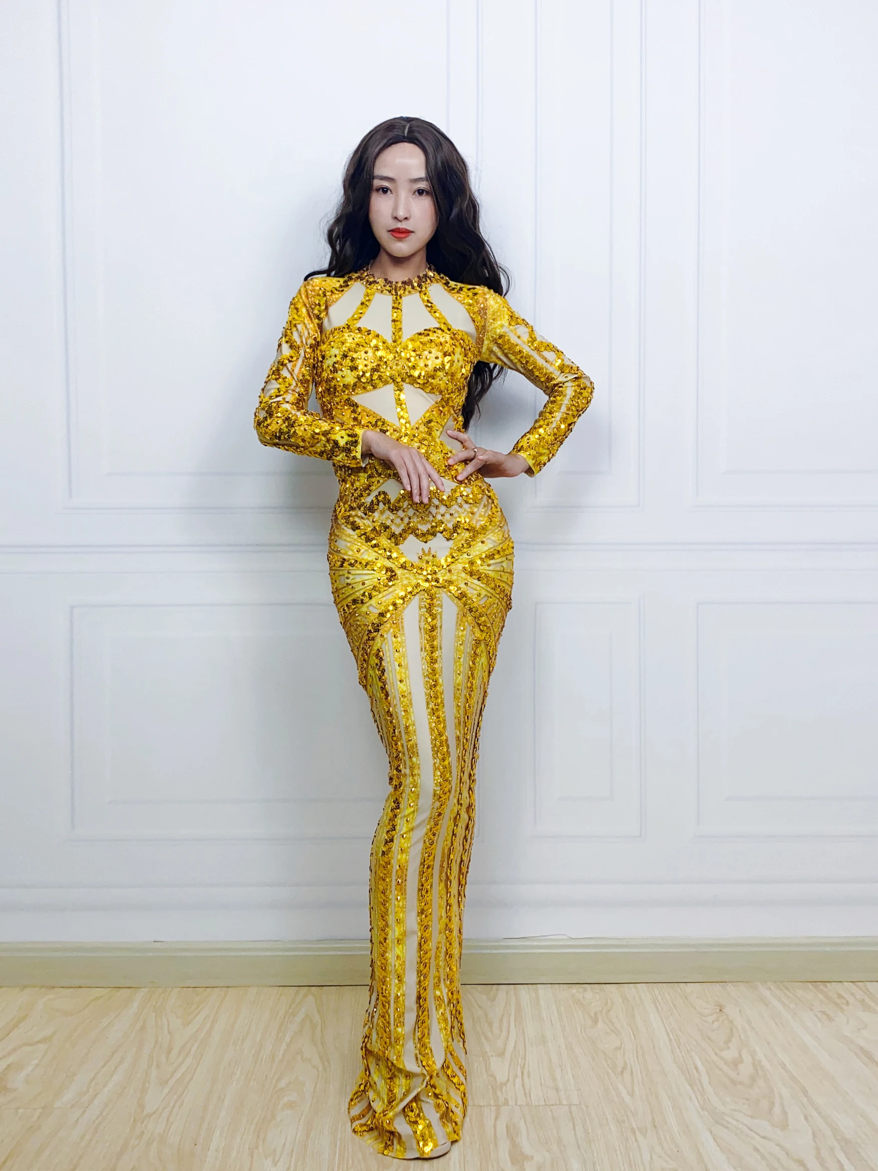 

Gold Sequins Rhinestone Dress Women Dancer Performance Long Dresses Wedding Birthday Prom Celebrate Costume 20230005