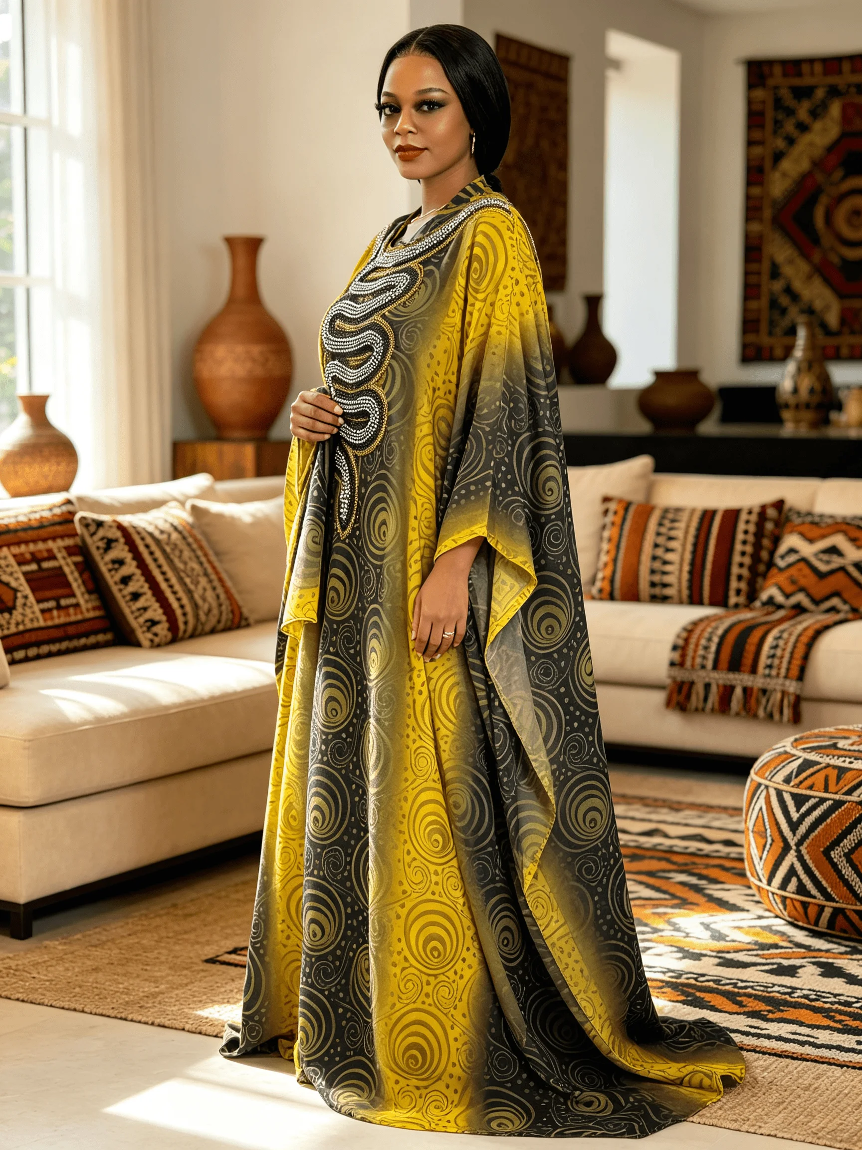 African Plus Size Women Flowy Dashiki Dress Rhinestone Snake Embellished Gradient Black Yellow Chiffon KaftanWith Matching Scarf