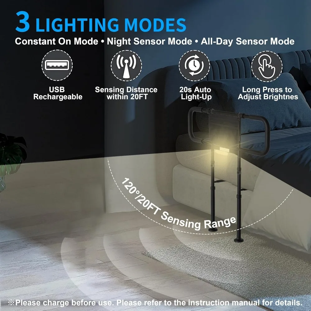 Adjustable Bed Safety Rails with Motion Sensor Light & Storage Bag - Supports 400lbs, Fits Queen King Twin Full Beds