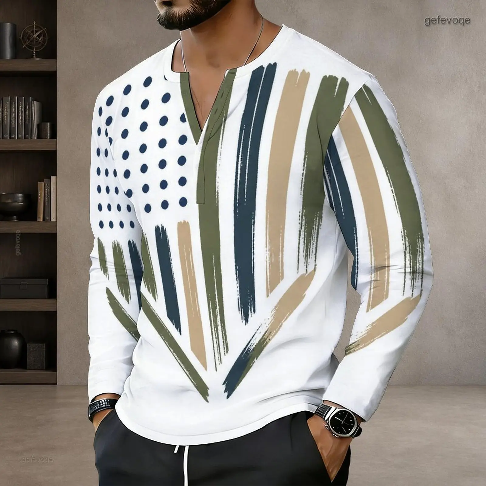 Men Long Sleeve T Shirt Print V Neck Casual Tops Fashion Loose Pullover Daily Wear Shirts