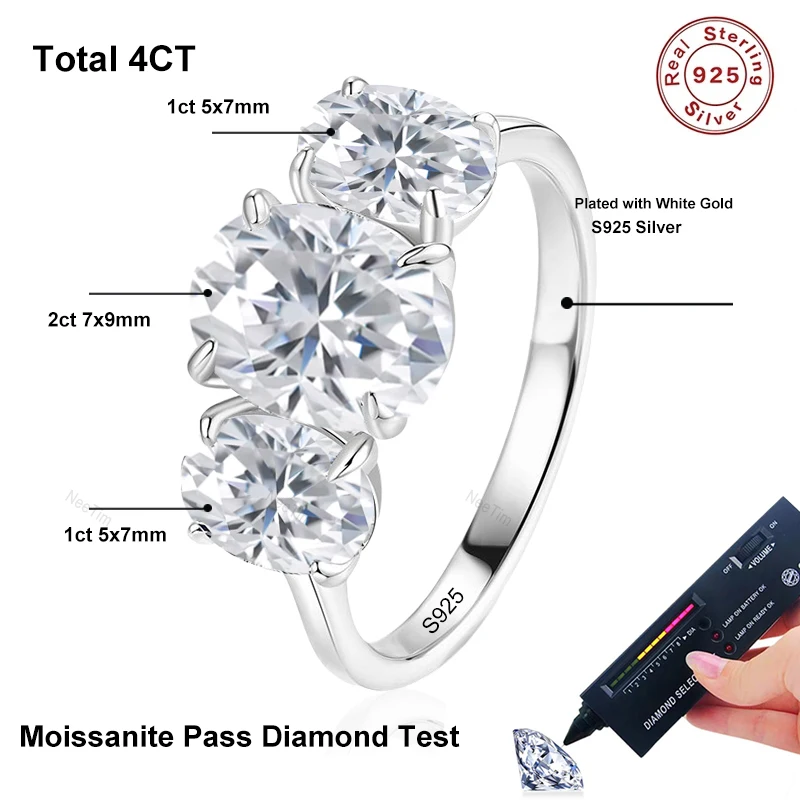 NeeTim Full Oval Cut Mossanite Lab Diamond Ring 925 Sterling Sliver with Gold Plated Rings for Women Party Jewelry Ladies Band