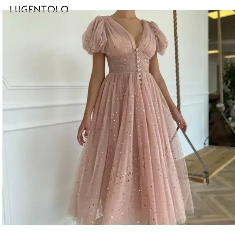 Women Sexy Sequins Dress Mesh V-neck Big Swing Lady Party Split End Short Lantern Sleeve Elegant High Waist Solid Long Clothing