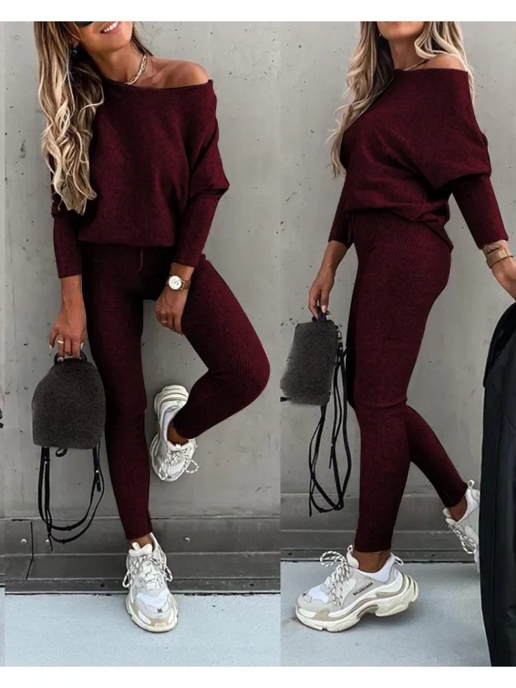 Fashion 2 Pieces Sets Women Solid Outfits Spring Autumn Sets Ladies Long sleeve Slash Neck Suits Streetwear Joggers Tracksuit