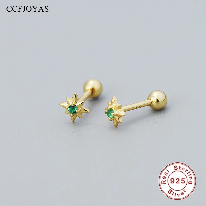 CCFJOYAS 100% 925 Sterling Silver Mini Eight-pointed Star Screw Earrings Minimalist Multicolor Crystal Zircon Piercing Earrings