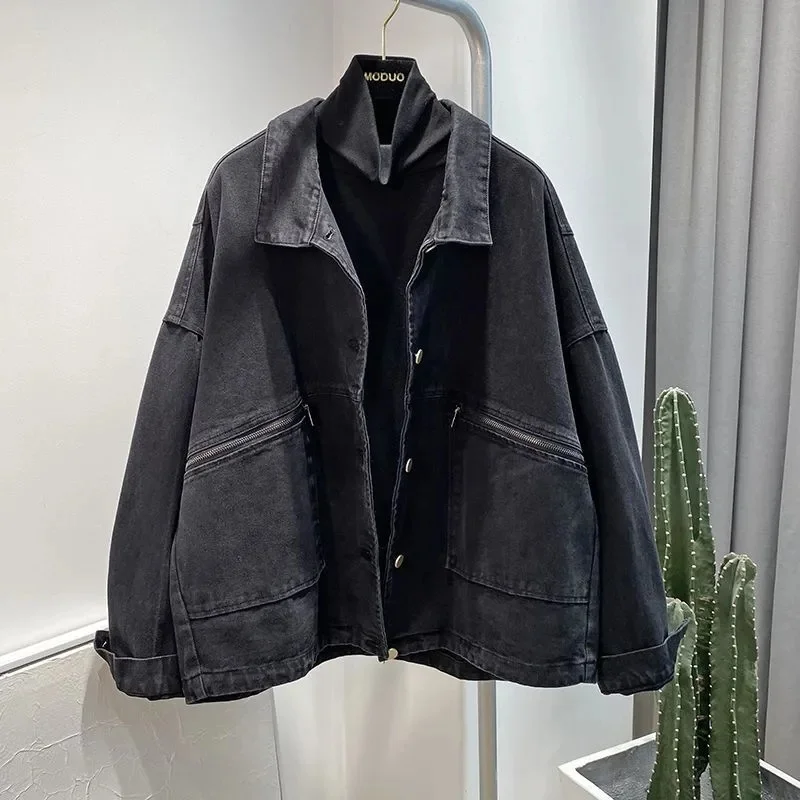 

Свободное джинсовое пальто больших размеров XXL-6XL, женское винтажное черно-серое джинсовое пальто, осенне-зимняя стираная хлопковая куртка, женское пальто XQ20