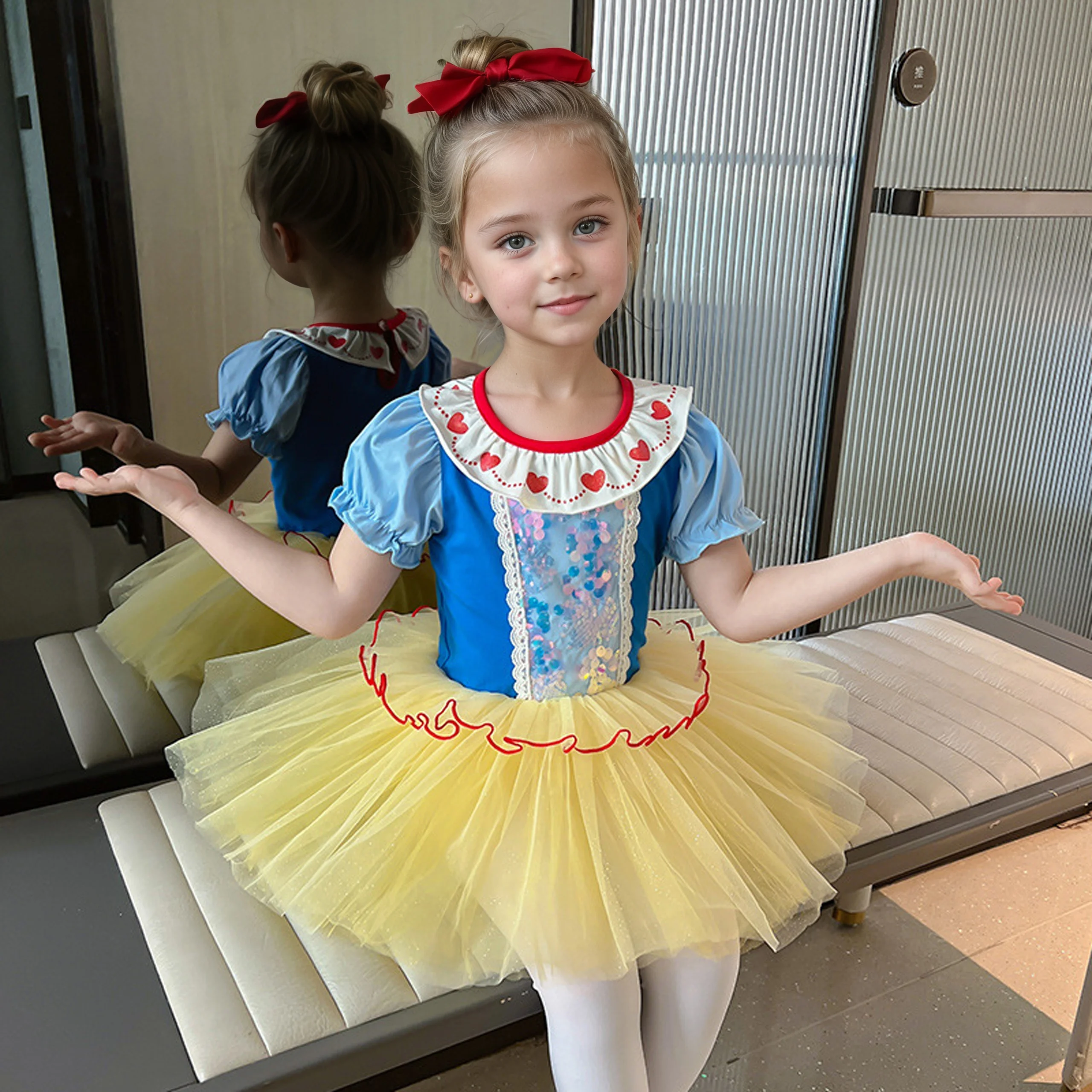 

Adorable Girls Ballet Tutu Dress Heart - shaped Collar Sequin Decoration Puff Sleeve Halloween Parties Christmas Tiara Included
