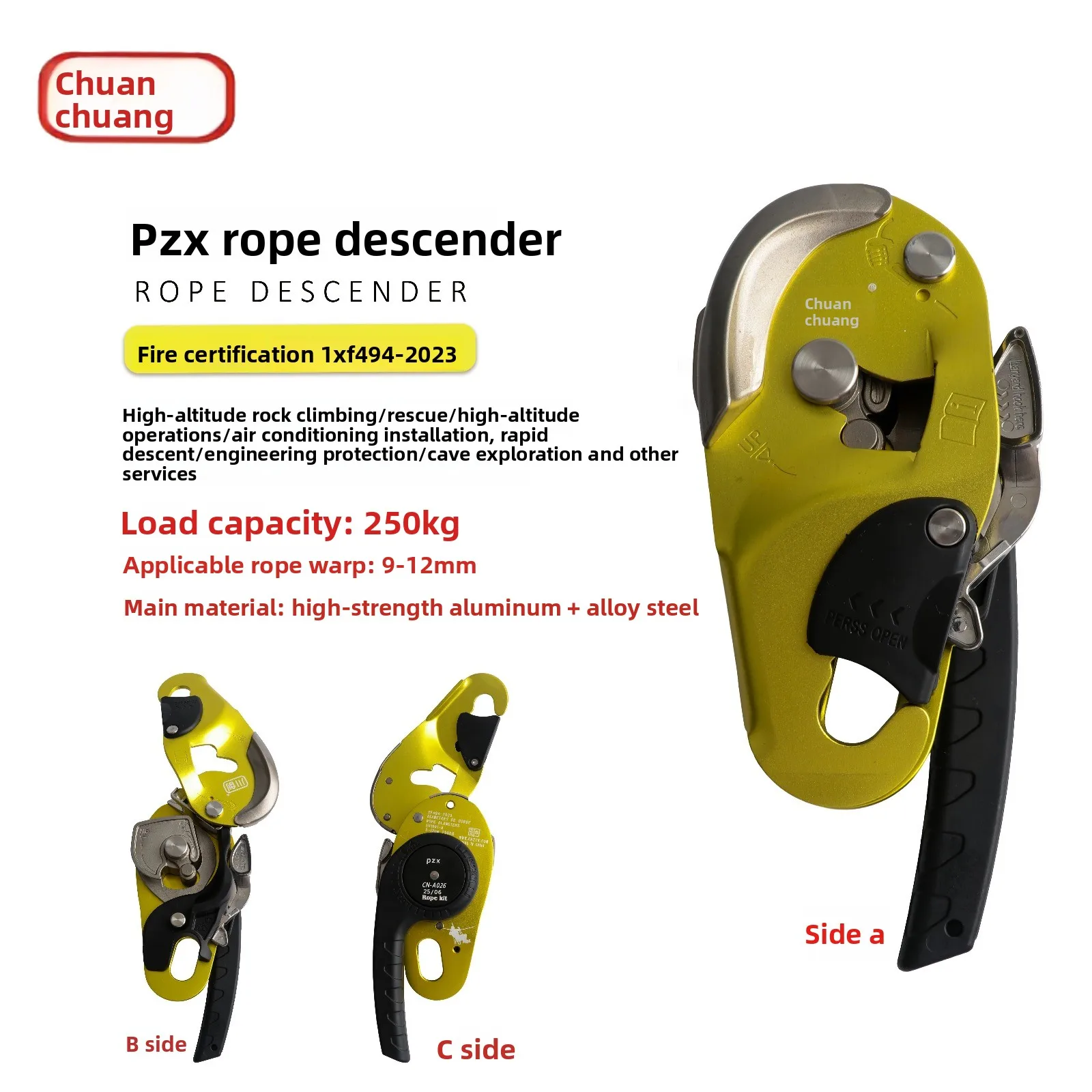 PZX Outdoor Lift Descender Rock Climbing Protection Descent Device 250KG Limit Load for 9-12MM Ropes