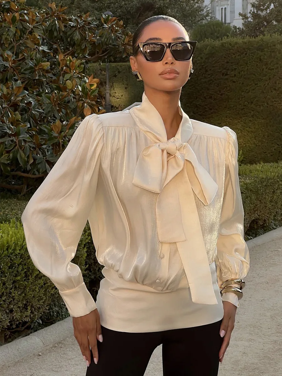 

Рубашка Bornladies 2026 Весна-Лето: Новая модель с французским бантом, атласными рукавами-фонариками, шикарная, для офиса, на пуговицах, с длинными рукавами