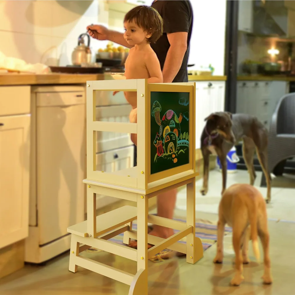 Toddler Kitchen Stool Helper, Kitchen Step Stool for Kids with Chalkboard Safety Rail for children