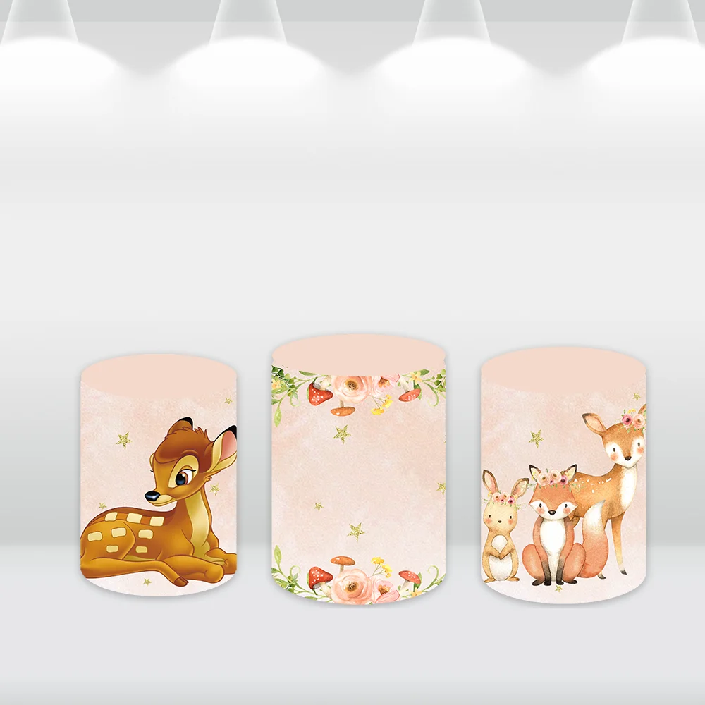 Fondo redondo para fiesta de bosque, cubierta de animales de dibujos animados, zorro, ciervo, niños, Baby Shower, fondo circular, fotografía, pancarta de mesa de pastel