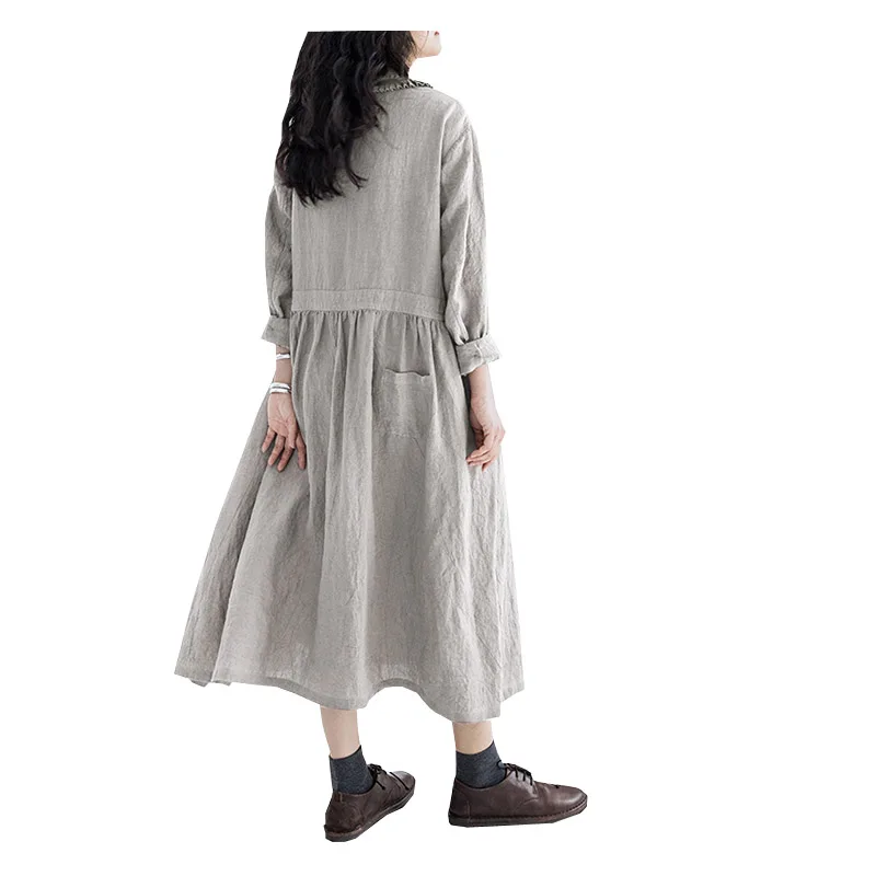 Fengbaoyu Linen Spring Summer Lady's Long-sleeved Dress Retro College of Literature Art Style Comfortable Women's Clothes 5XL