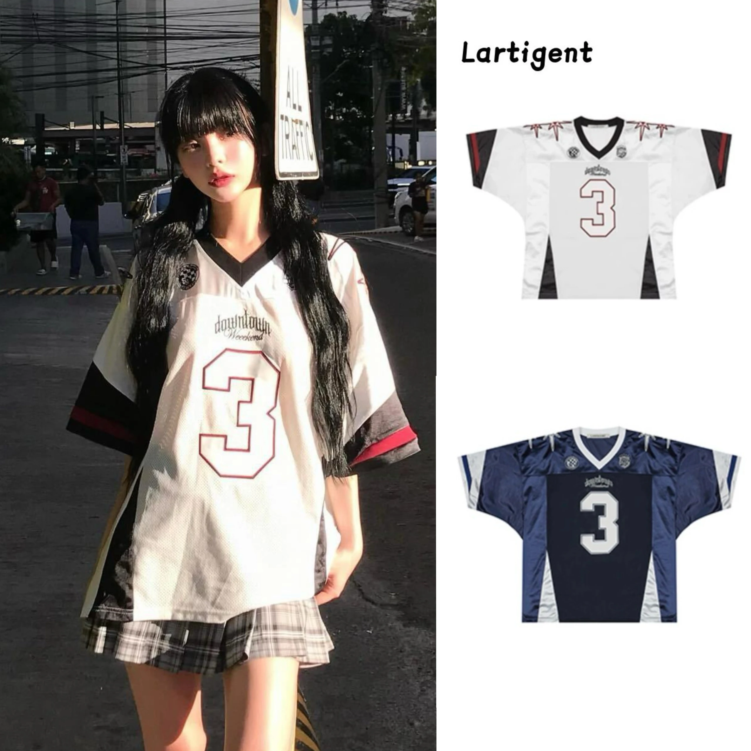 

Lartigent Street Sle American 3 Heavy Embroidery Color Blo Loose ort Sve Baseball Jersey Casual Loose Fit T-irt