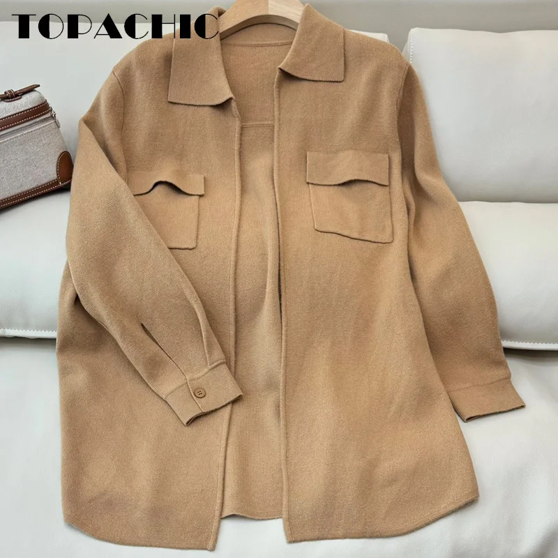 9.4 TOPACHIC Women Embroidery Letter Wool Knit Soft Comfortable Cardigan Elegant Lapel Pocket Loose Casual Long Knit Coat