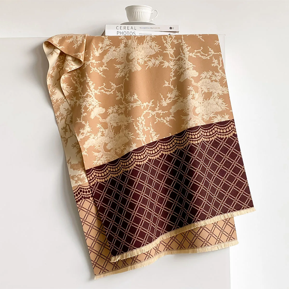 Womens Oversized Faux Cashmere Shawl Retro Khaki Burgundy Chinese Floral Lattice Print Reversible Warm Outdoor Coat Scarf