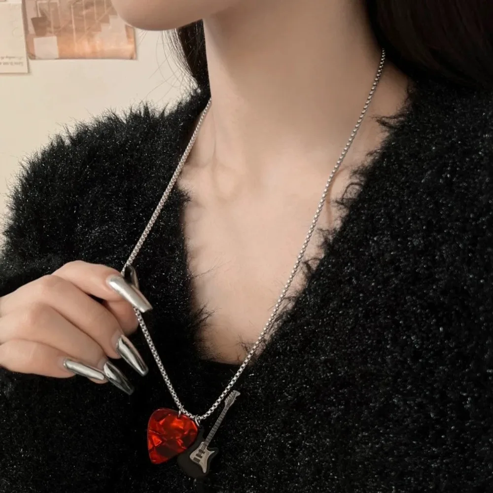 Hip-hop Guitar Pick Pendant Necklace Titanium Steel Punk Guitar Chain Choker Trendy Vintage Electric Guitar Sweater Chain Unisex