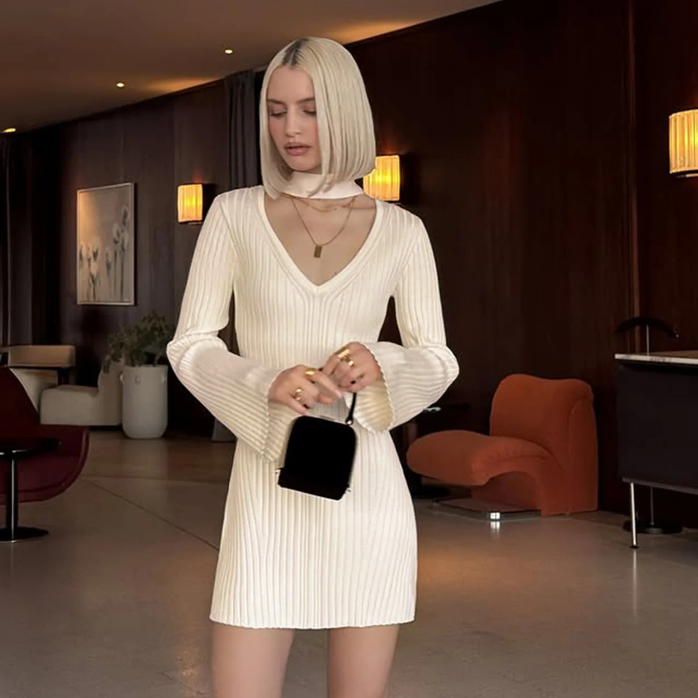 

SKMY Sweet And Gentle Style High Waist A-Line Short Dresses Slimming Simple Solid Color V-Neck Women Knitted Dress+Scarf