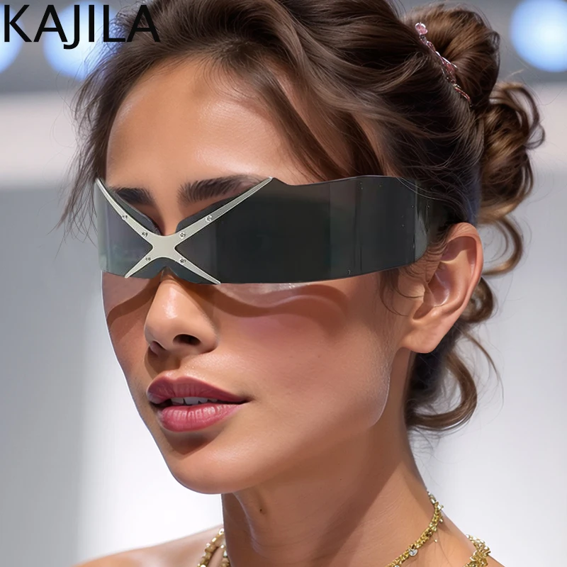 

Y2K Punk Rimless Mask Sunglasses Men Women 2025 Luxury Brand Vintage One-Piece Shield Rectangle Eyewear Male Wrap Around Goggle