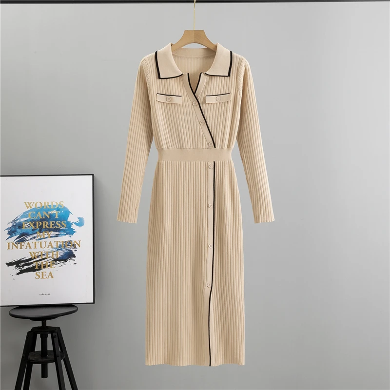 Women's Knitted Dress 2024 Autumn Women's New Fashion Flip Collar Single Breasted Long Sleeved Slimming temperament Dress