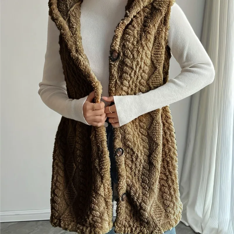 Solid Color Double-sided Plush Hooded Single Row Button Cardigan Casual Women Autumn Winter New Sleeveless Vest Жилетка Женская