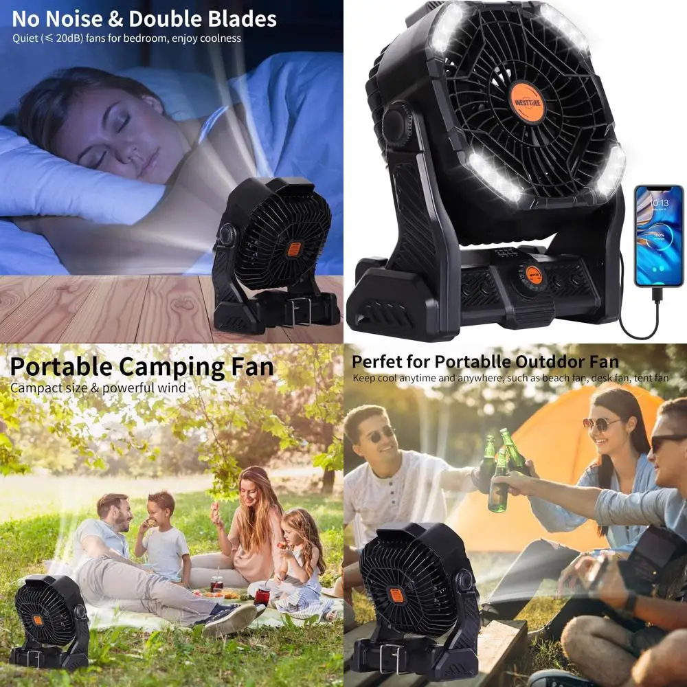 

Portable 20000mAh Rechargeable Camping Fan with LED Lantern, 4-Speed USB-C Desk Fan for Outdoor Use, Black X26A