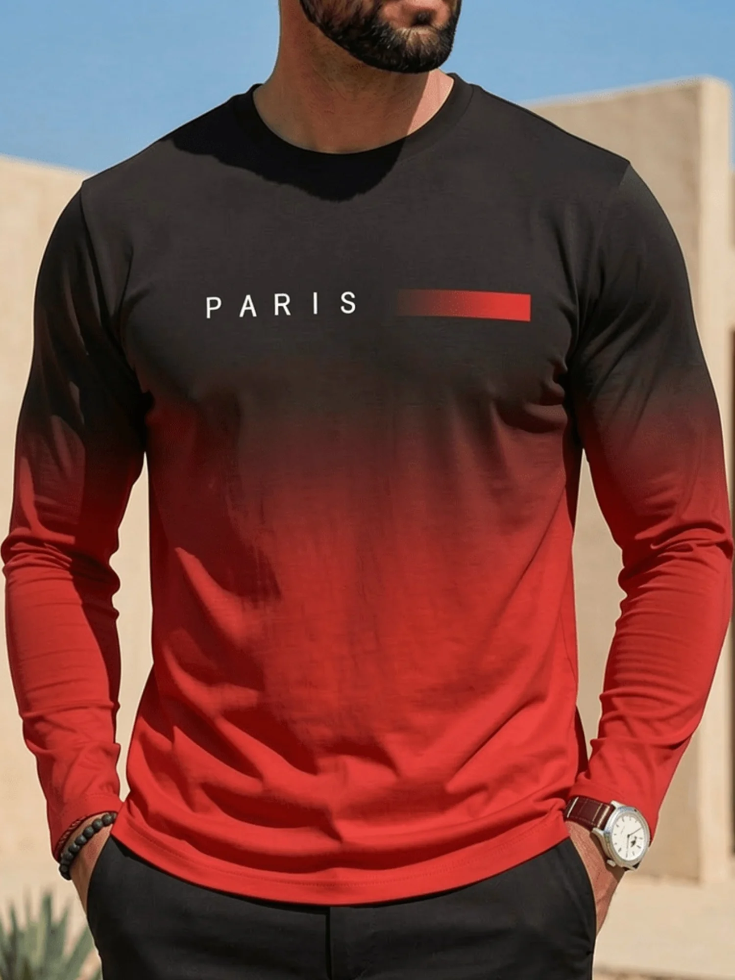 Men’s Long Sleeve Paris Print T-Shirt Gradient Color Fit Casual Athletic Crew Neck Top Autumn Thin Fashion Long Sleeved Pullover