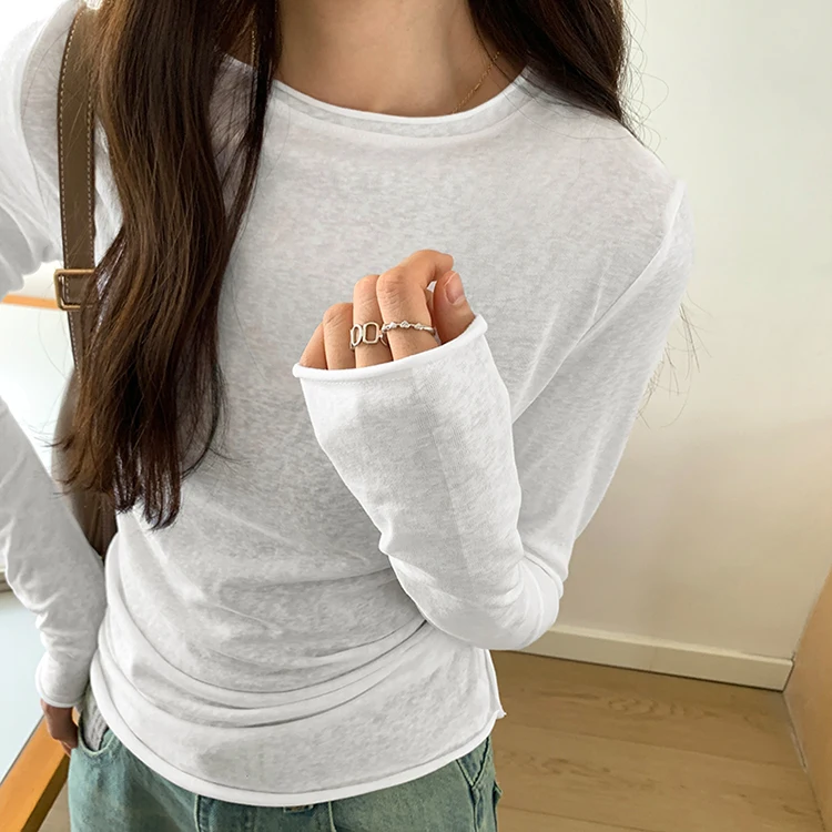 Spring Autumn T Shirt Women Tops Solid Long Sleeve Ruched O Neck Tshirts Female Korean Casual Streetwear High Quality Base Tees