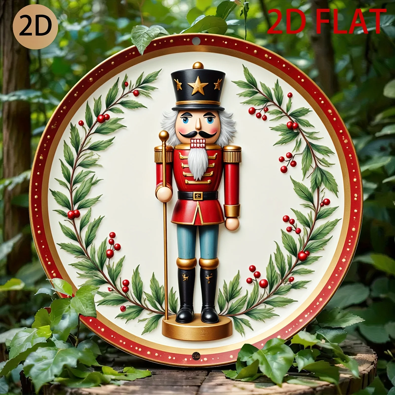 2D plane Nutcracker themed circular mental with festive holly design Christmas themed wall art suitable for home dining