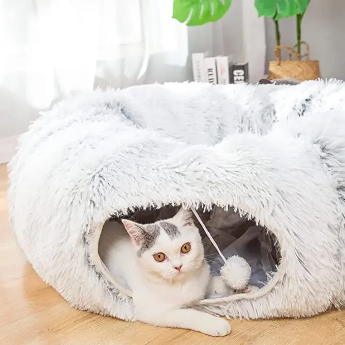 Cat Tunnel Bed with Central Washable Cushion for Indoor Cat Kitty Kitten Warm Fluffy Plush Cat Dog Tunnel Bed