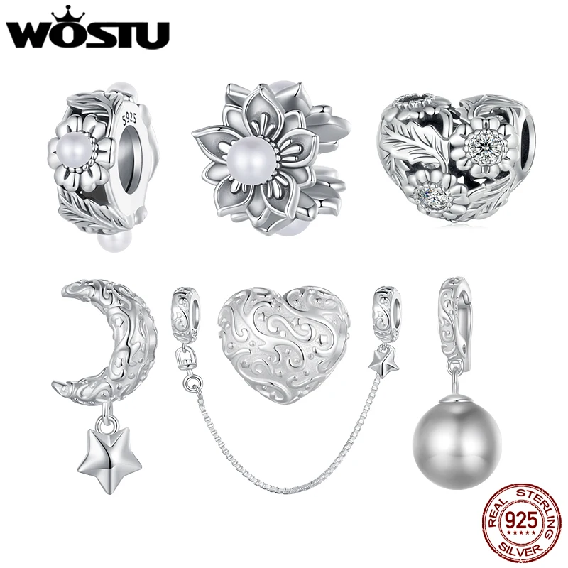 WOSTU 925 Sterling Silver Natural Pearl Flower Charms Star Moon Pendant Retro Heart Beads Safty Chain Fit DIY Bracelet Necklace