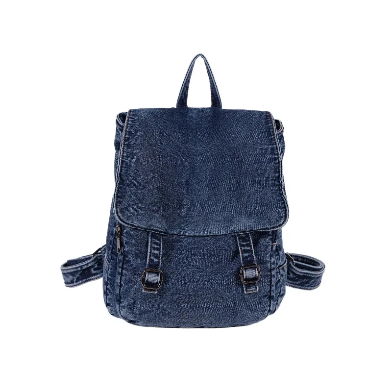 Vintage Denim Backpack For Women Casual Flap Pocket Rucksack With Belt Buckle Retro Blue Jean School Book Bag For Travel & Daily view 6