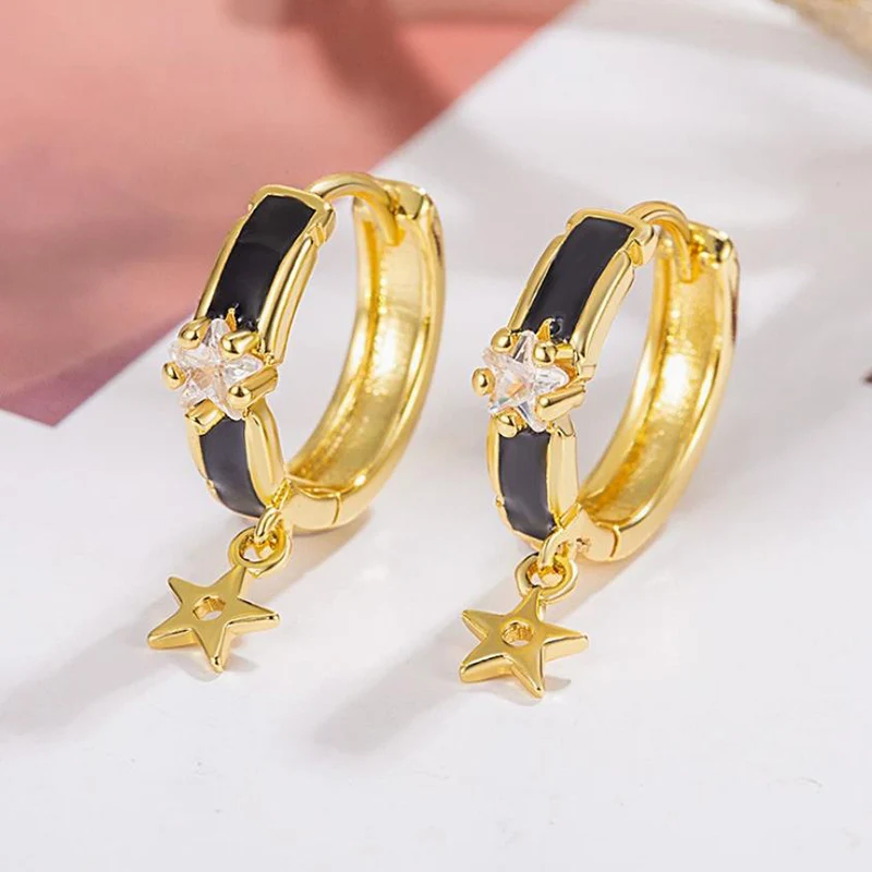 Cool Black Drop Glazed Circle Earrings for Women Light Luxury High-end Feel Fashion Earring Unique Star Ear Buckle KOFSAC