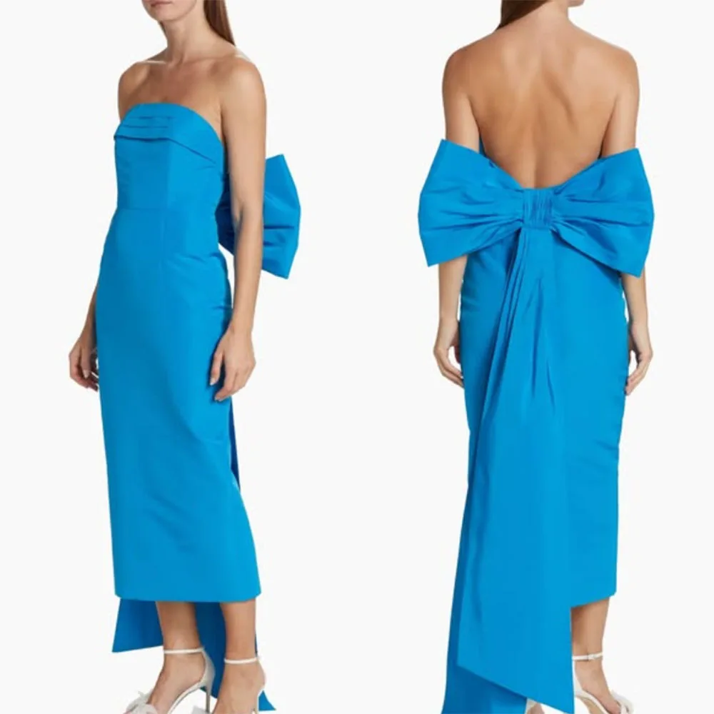 

High Quality Customized Ankle Length Backless Bow Straight Blue Long Dresses Sleeveless Vestidos De Fiesta Para Bodas فستان