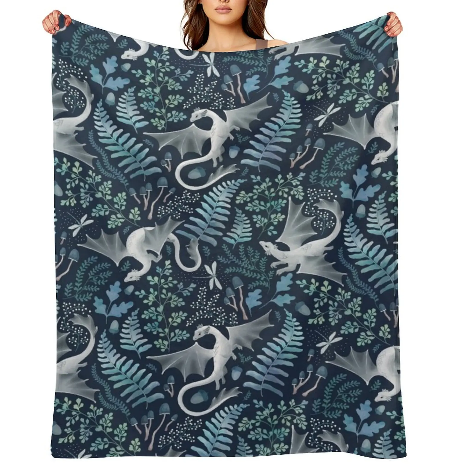 

Forest dragons in shades of blue and green on navy blue Throw Blanket For Decorative Sofa funny gift Designers Picnic Blankets