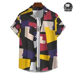 Men's Casual Short Sleeve Shirt Patchwork Plaid Print Summer Daily Casual Wear Men's Shirt Oversized Top Size S-5XL